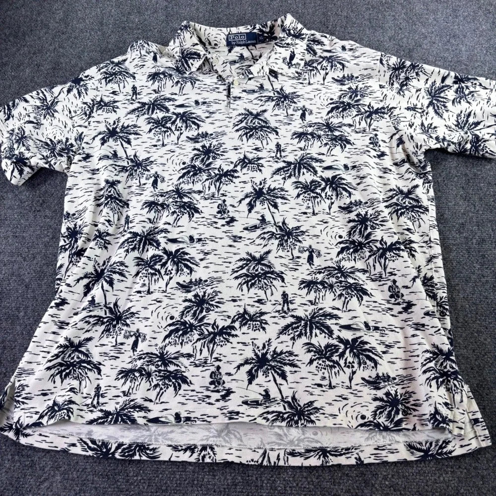 Polo Ralph Lauren Polo Shirt Mens XL Cream Navy Tropical Island Palm Tree USA